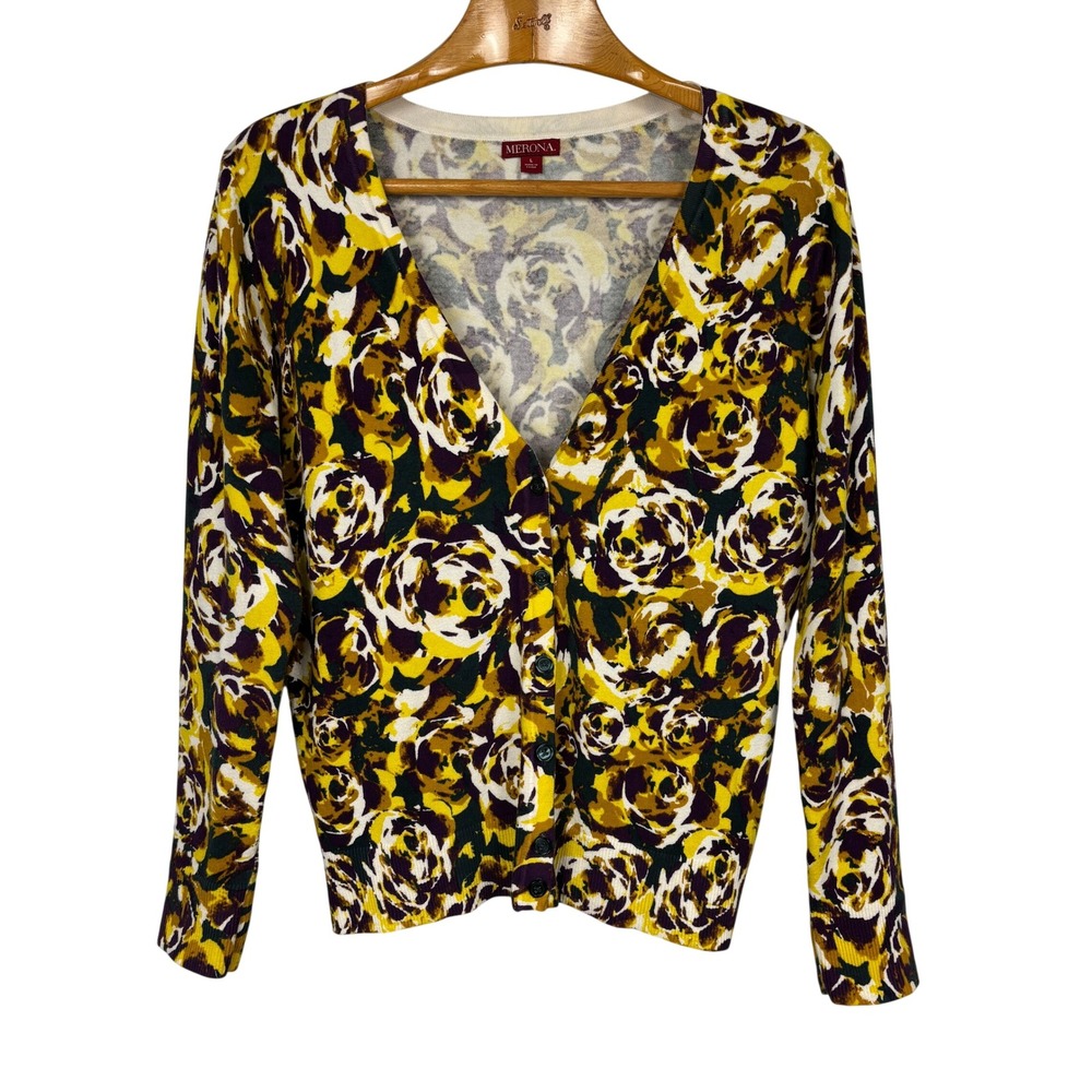 Merona Cardigan Sweater Floral Rose Print Large Yellow Purple Green Cotton Blend